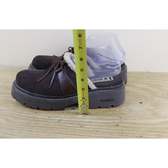 Vintage Skechers Shoes 8.5 Brown Suede Faux Fur Trim Clogs Platform Lug Sole - Picture 6 of 8